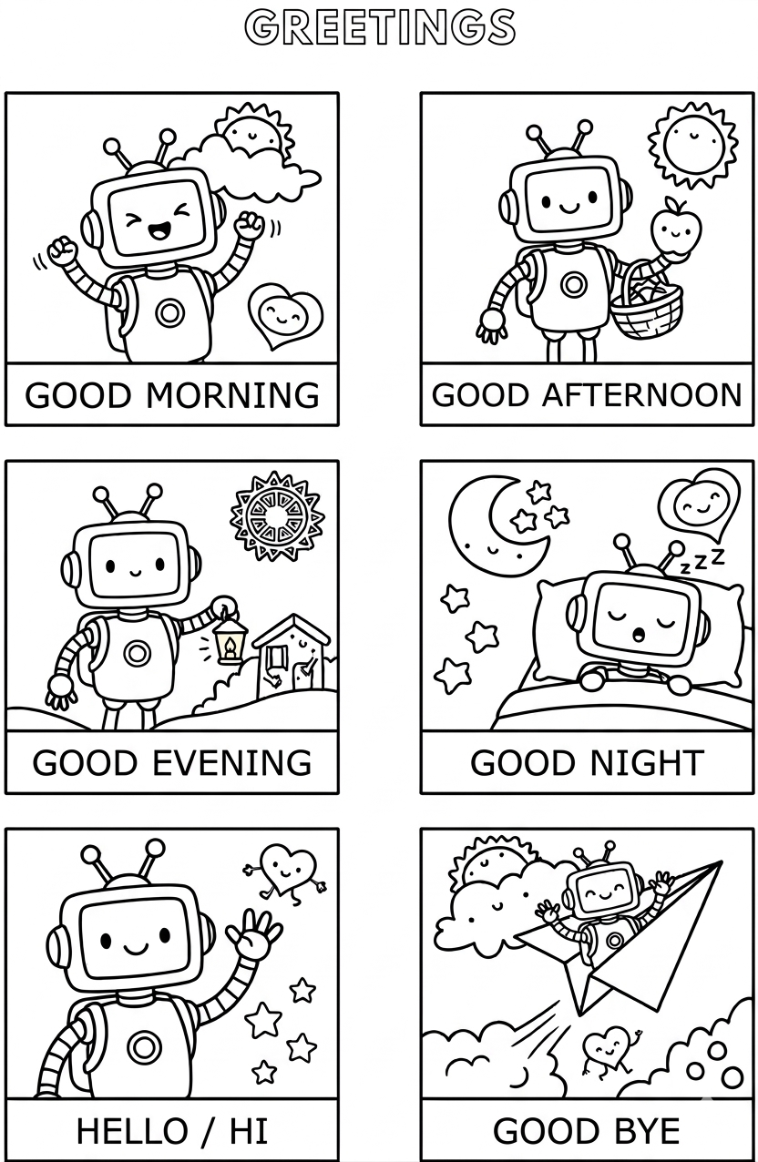 Hoja de trabajo para colorear con los saludos en inglés (Greetings: Good morning, Good afternoon, Good night) con un amigable robot. Material didáctico para clase de inglés. Hoja de trabajo para colorear con los saludos en inglés (Greetings: Good morning, Good afternoon, Good night) con un amigable robot. Material didáctico para clase de inglés.